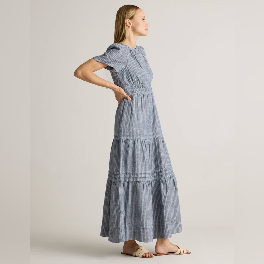 Quince European Linen Chambray Blue Striped Tiered Maxi Dress - Picture 4 of 12